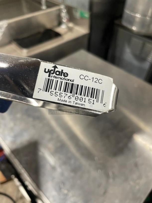 Update International CC-12C stainless steel china cap strainer, 12" round, coarse mesh. Label shows "Made in Taiwan."