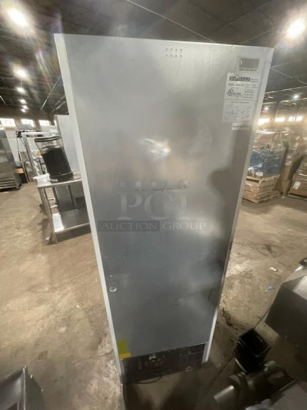 Maxx Cold commercial fridge, single glass door, Energy Star, poly-coated wire racks, model MXM1-23R, on legs.
