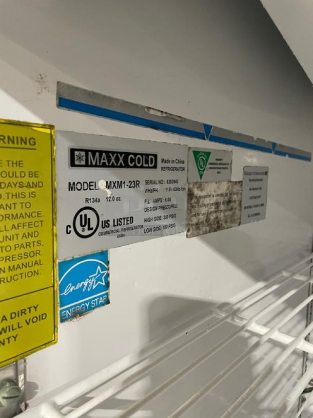 Maxx Cold MXM1-23R commercial single glass door refrigerator, Energy Star certified, includes poly coated wire racks.