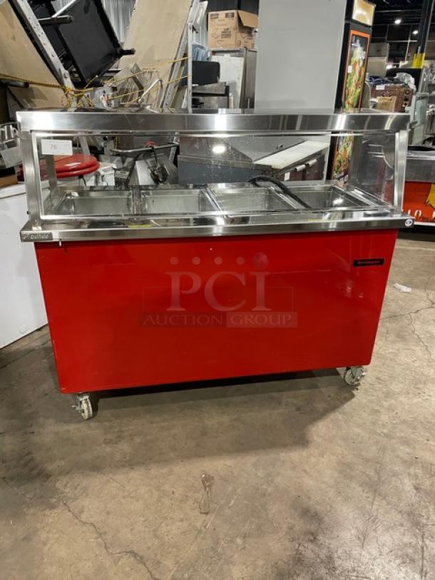 Delfield Shelleyglas Series Commercial Red Stainless Steel 4-Well Hot Food/Steamtable Serving Counter! With Heated Under Storage! With Sneeze Guard! Model: KH-4 SN: 0909150001195! 120/208V 1 Phase! On Casters! - Image 1 of 10
