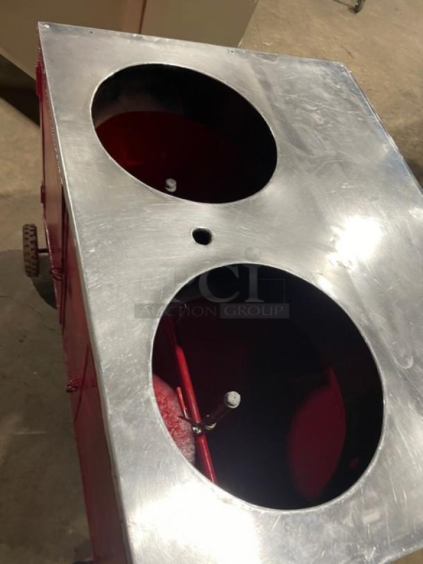 Commercial Red Gas Powered Heated Mobile Food Cart! With Folding Tray Slide! On Casters! - Image 5 of 9