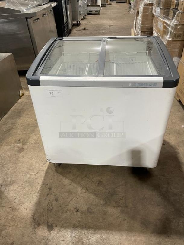 Liebherr Commercial White Curved Double Glass Sliding-Top Ice Cream/Frozen Yogurt Merchandiser Display Chest Freezer! With Poly Coated Wire Baskets! Model: EFI2053 SN: 60.461.459.7! 115V! On Casters! - Image 1 of 7
