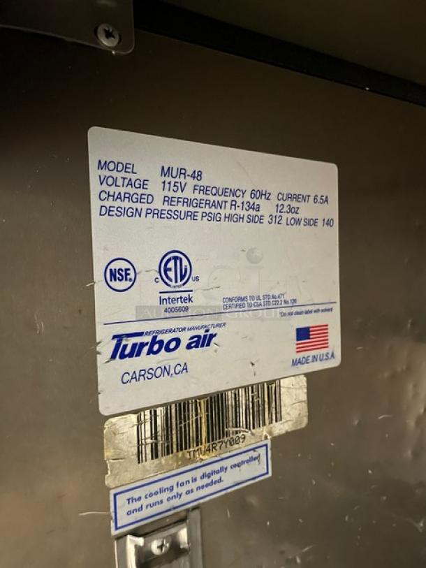 Turbo Air M3 Series Commercial Stainless Steel 2 Door Undercounter Worktop Refrigerator! Energy Star Certified! Model: MUR-48 SN: TMU4R7Y009! 115V! On Casters! - Image 7 of 8