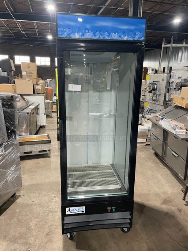Avantco commercial merchandiser refrigerator, model 178GDC23HCB, black, single glass swing door, poly coated wire racks, on casters.