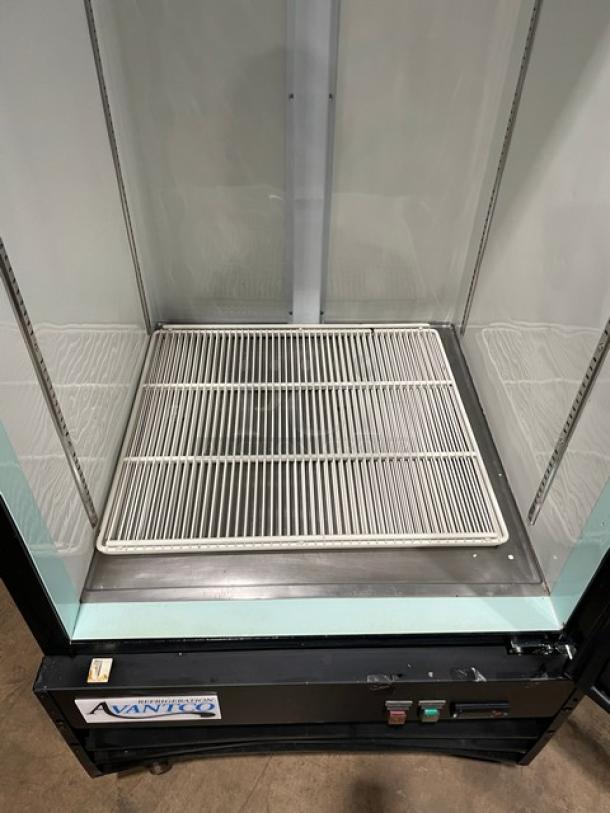 Avantco Commercial Black Single Glass Door Refrigerator, Model 178GDC23HCB, with poly-coated wire racks and casters.