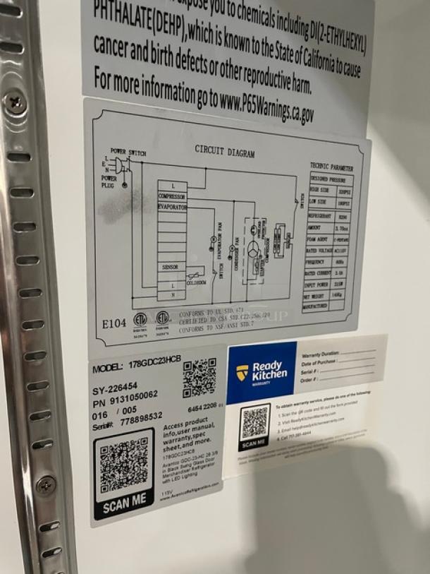 Avantco 178GDC23HCB commercial merchandiser refrigerator label with model, serial number 778898532, and circuit diagram.
