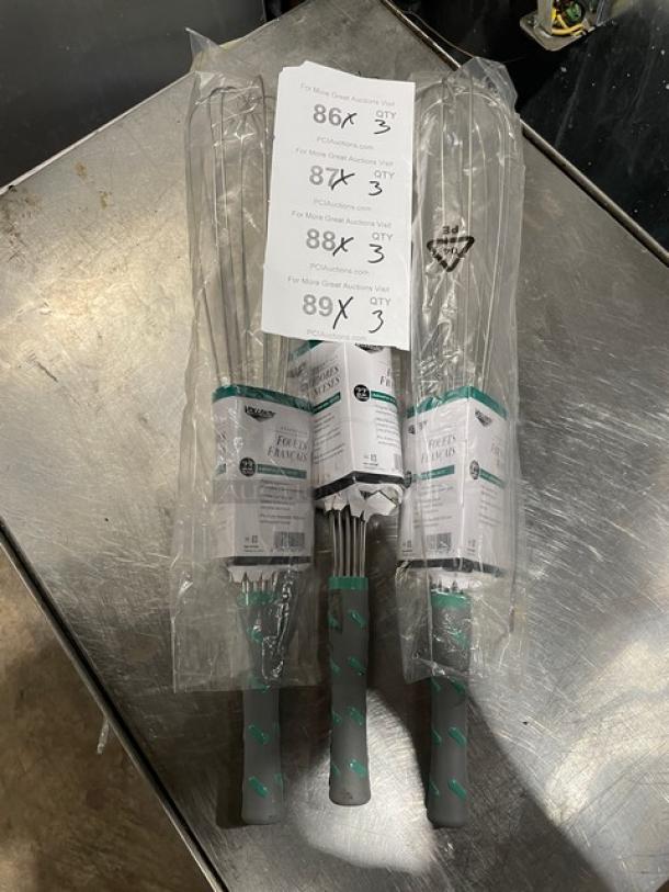 NEW Vollrath 22" stainless steel French whip, model 47096, with nylon grip, in packaging with labeled tags.