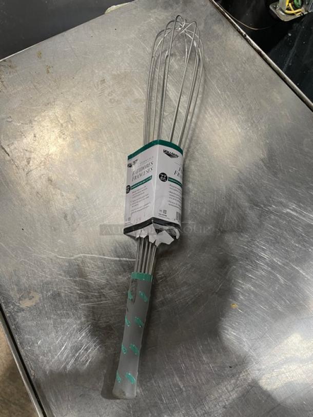 NEW Vollrath Jacob's Pride Series 22" stainless steel French whisk, Model 47096, with nylon grip handle, in packaging.