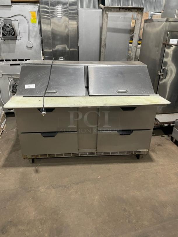 Beverage-Air stainless steel 4-drawer refrigerated salad/sandwich prep table Model SPED60-24M-4, with cutting board, on casters.