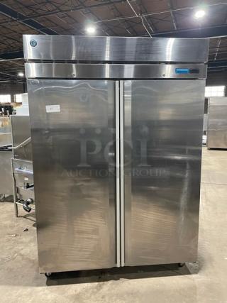 Hoshizaki Commercial Stainless Steel Solid 2 Door Reach In Refrigerator! With Poly Coated Wire Racks! Model: R2A-FS SN: J50711C! 115V 1 Phase! On Casters! - Item #1194958