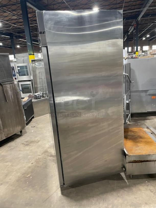 Hoshizaki R2AFS stainless steel 2-door reach-in refrigerator on casters. Includes poly-coated wire racks. Good condition.