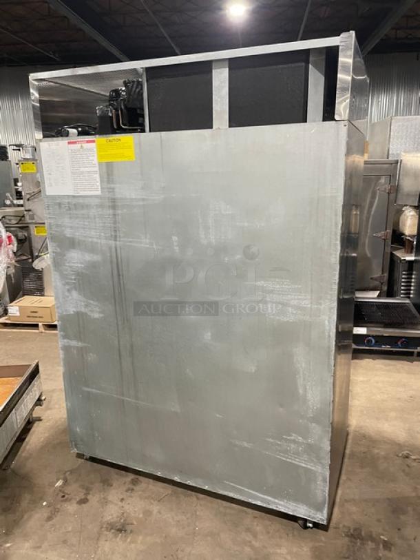 Hoshizaki R2AFS commercial stainless steel 2-door refrigerator on casters. Features poly-coated wire racks. Model: R2A-FS.