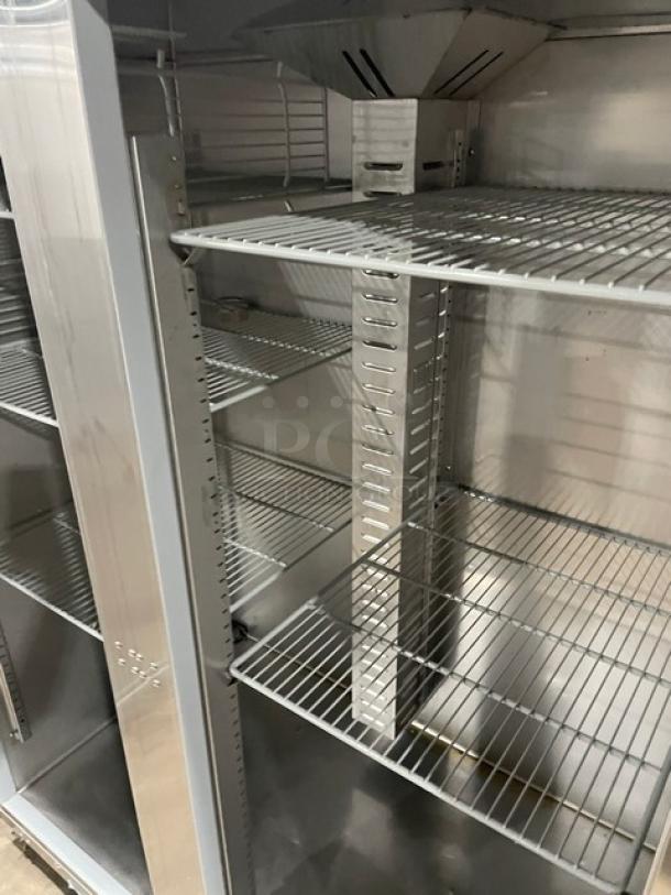 Hoshizaki R2A-FS commercial stainless steel 2-door refrigerator with poly-coated wire racks, on casters, excellent condition.