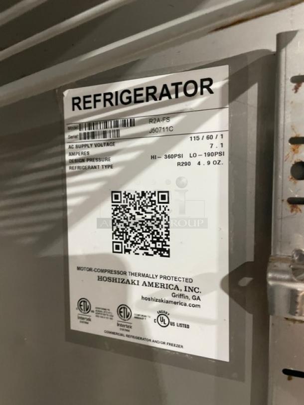 Hoshizaki R2A-FS refrigerator label with model, serial number J50711C, and specifications.