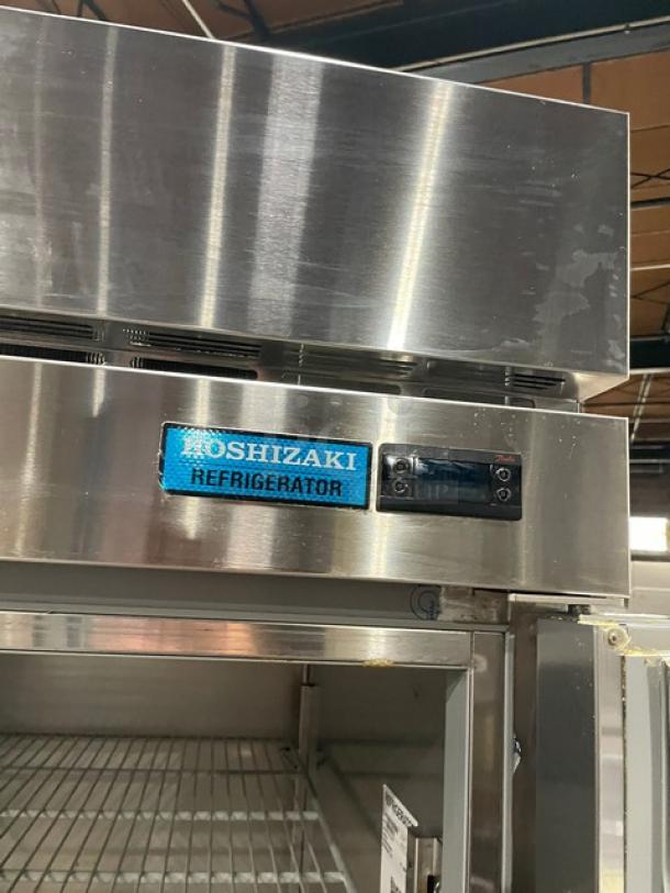 Hoshizaki stainless steel 2-door reach-in refrigerator, model R2A-FS, poly-coated wire racks, on casters, 115V 1-phase.