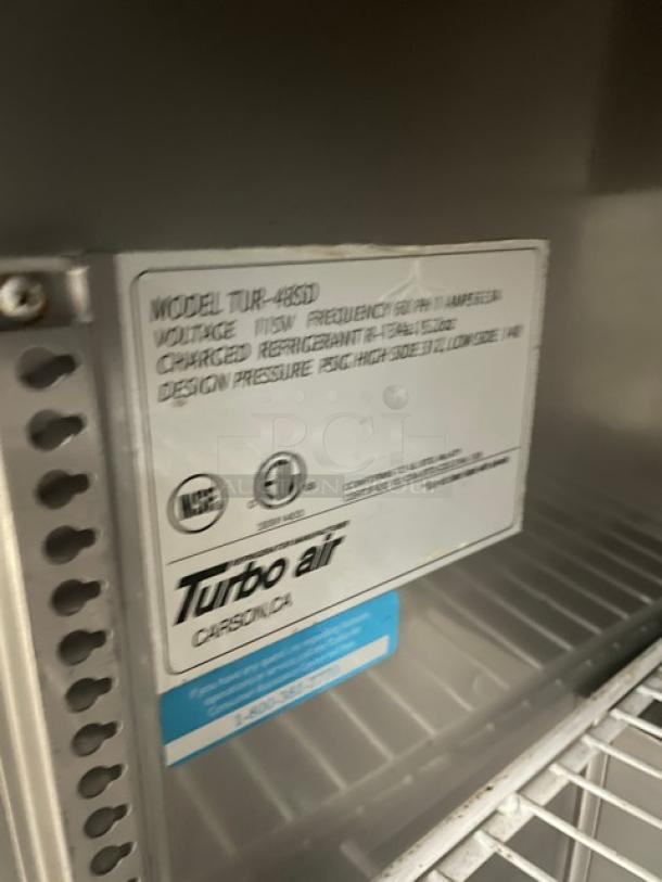 Turbo Air Super Deluxe Series Commercial Stainless Steel 2 Door Undercounter Worktop Refrigerator! With Poly Coated Wire Racks! Model: TUR-48SD! 115V! On Casters! - Image 6 of 7