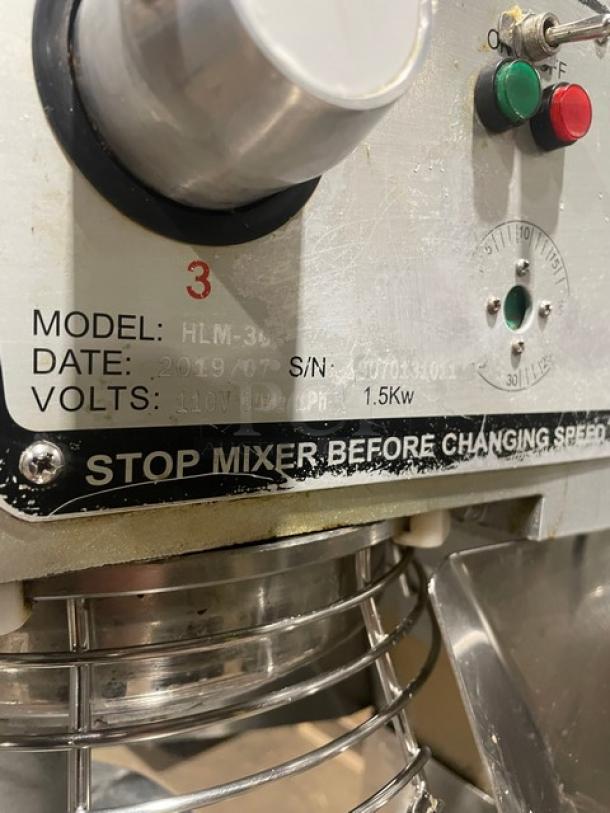 Commercial Electric Powered 30 Qt. Planetary Mixer! With Stainless Steel Bowl Guard & Mixing Bowl! With Dough Hook, Flat Beater & Whisk/Whip Attachments! Model: HLM-30B SN: 19070131011! 110V 1 Phase! - Image 9 of 12