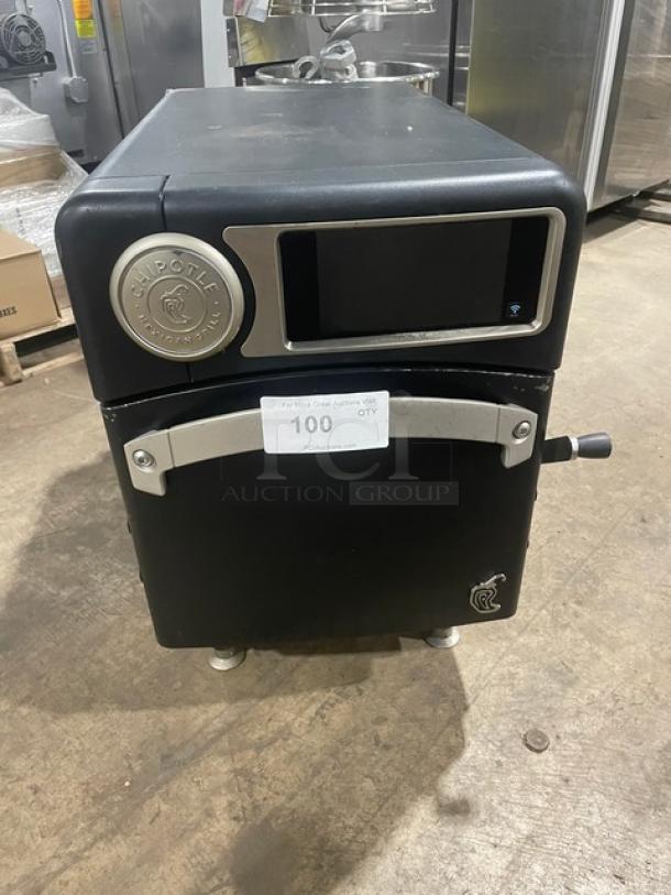 TurboChef NGO 2021 model black electric countertop rapid cook oven, ventless, with crank bar, Chipotle style, on legs.