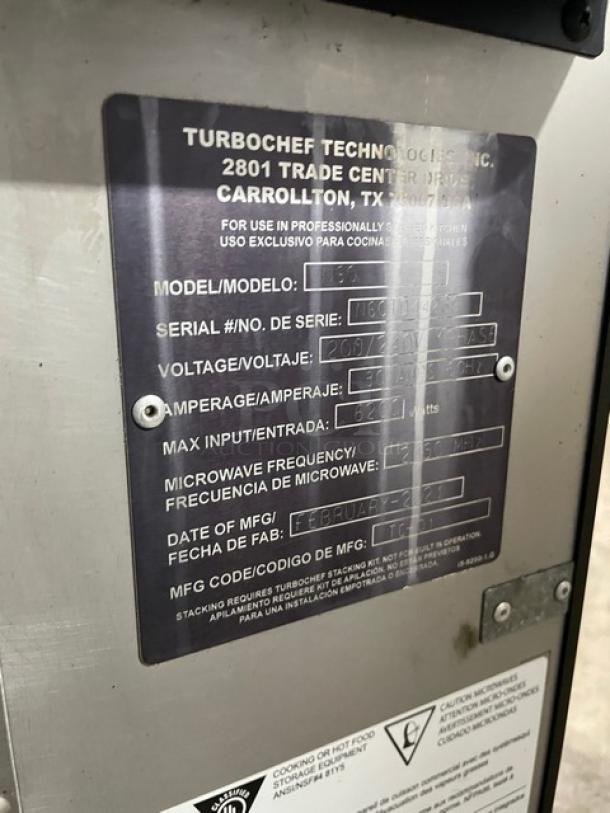 TurboChef NGO model label, serial NGOTD44236, 208/240V, commercial countertop ventless rapid cook oven, 2021.