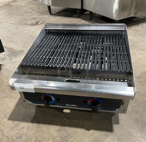 Star Max Series Commercial Stainless Steel Natural Gas Countertop Char Broiler, on legs, dual control knobs.