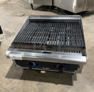 Star Max Series Commercial Stainless Steel Natural Gas Countertop Char Broiler, on legs, dual control knobs.