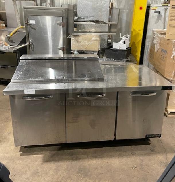 Continental Commercial Stainless Steel 3-Door Left-Side Bain Marie Style Mighty-Top Salad/Sandwich Prep Table! With Poly Coated Wire Racks! Model: SW72-N-18M SN: 16059390! 115V 1 Phase! On Casters! - Image 1 of 9