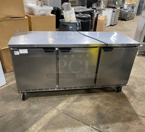 Beverage-Air WTR72AY 3-door stainless steel flat-top refrigerator, 72", on casters. Model: WTR72AY, SN: 10701701, 15V, 1 Phase.