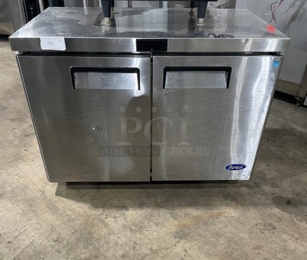 Atosa 2021 stainless steel 2-door undercounter worktop refrigerator, Model MGF8402GR, Energy Star certified, on casters.