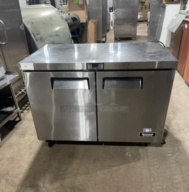 Bison Commercial Stainless Steel 2 Door Undercounter Worktop Refrigerator, Model BUR-48, on casters, excellent condition.