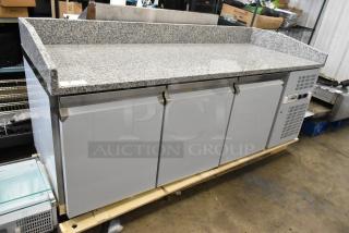 BRAND NEW SCRATCH AND DENT! KoolMore KM-RPPS-3D79-GRT Stainless Steel Commercial 3 Door Work Top Cooler w/ Granite Countertop. 115 Volts, 1 Phase.