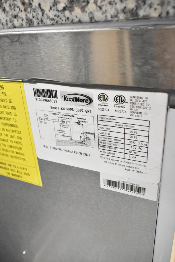 BRAND NEW SCRATCH AND DENT! KoolMore KM-RPPS-3D79-GRT Stainless Steel Commercial 3 Door Work Top Cooler w/ Granite Countertop. 115 Volts, 1 Phase. - Image 8 of 8