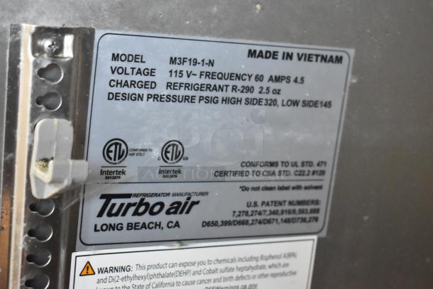 BRAND NEW SCRATCH AND DENT! Turbo Air M3F19-1-N Stainless Steel Commercial Single Door Reach In Freezer w/ Poly Coated Racks and Commercial Casters. 115 Volts, 1 Phase. - Image 6 of 6