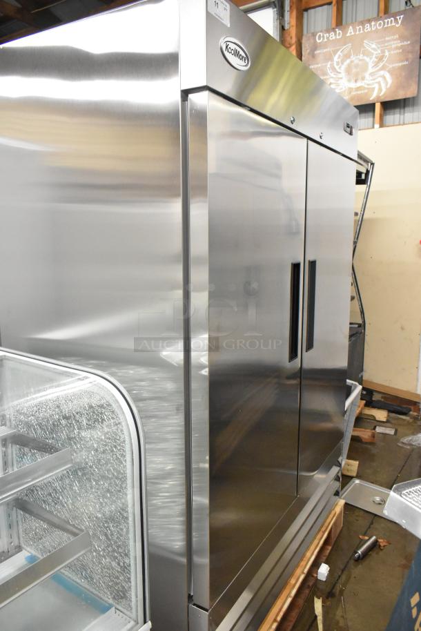 BRAND NEW SCRATCH AND DENT! 2025 KoolMore RIR-2D-SS Stainless Steel Commercial 2 Door Reach in Cooler w/ Poly Coated Racks. 115 Volts, 1 Phase. - Image 2 of 7