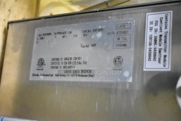 2018 Electrolux HSPP3RPRS stainless steel panini press, 208V, 1 phase. Label shows model, certification, serial.