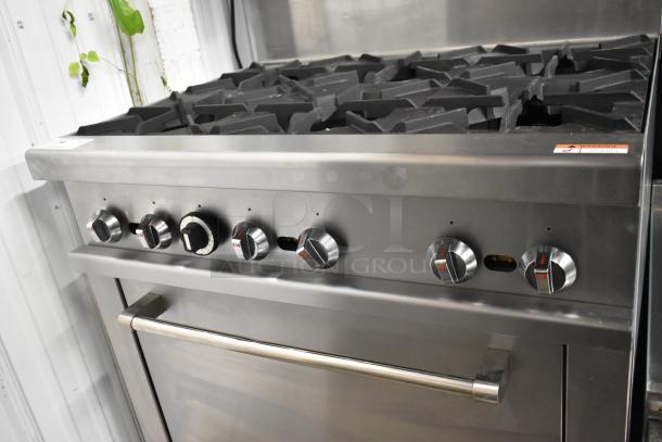 Kona NJR-6-36 Stainless Steel Commercial Natural Gas Powered 6 Burner Range w/ Oven, Over Shelf and Back Splash on Commercial Casters. - Image 3 of 8
