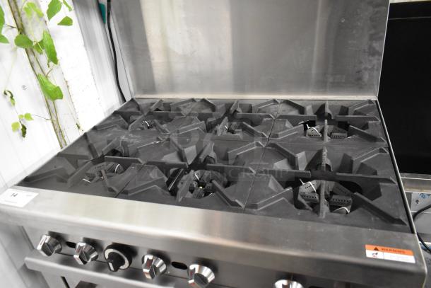 Kona NJR-6-36 Stainless Steel Commercial Natural Gas Powered 6 Burner Range w/ Oven, Over Shelf and Back Splash on Commercial Casters. - Image 4 of 8