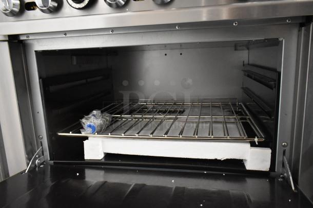 Kona NJR-6-36 Stainless Steel Commercial Natural Gas Powered 6 Burner Range w/ Oven, Over Shelf and Back Splash on Commercial Casters. - Image 5 of 8