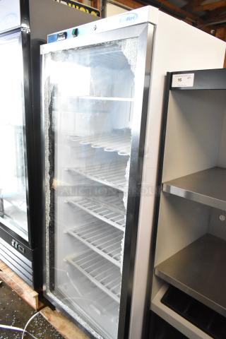 KoolMore Metal Commercial Single Door Reach In Cooler Merchandiser. See Pictures For Broken Glass. 115 Volts, 1 Phase.