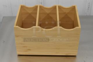 8 brand new wooden 3-compartment bins with minor scratches and dents. Natural finish, sturdy construction, ideal for organization.