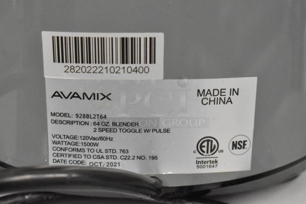Alt text: "Avantco 928BL2T64 2 hp Commercial Blender label, 64 oz capacity, 120V, 1 Phase, ETL and NSF certified, made in China."