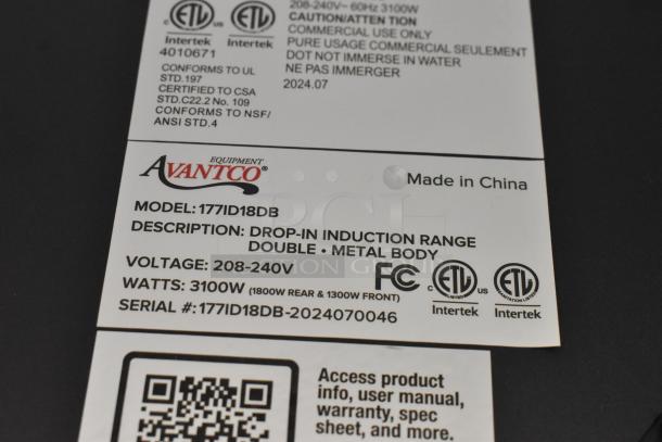 BRAND NEW SCRATCH AND DENT! 2024 Avantco 177ID18DB Drop-In / Countertop Double Induction Range / Cooker. 208-240 Volts, 1 Phase. - Image 7 of 7