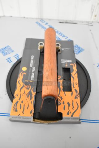 Outset® Q112 8" cast iron grill press, scratch and dent, wood handle, flame pattern packaging, Rosewood Collection.