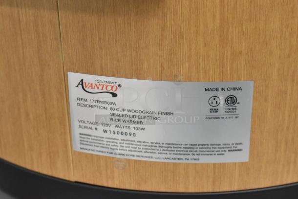 BRAND NEW SCRATCH AND DENT! Avantco 177RWB60W RT-3415 60 Cup Sealed Woodgrain Electric Rice Warmer. 120 Volts, 1 Phase. - Image 8 of 8