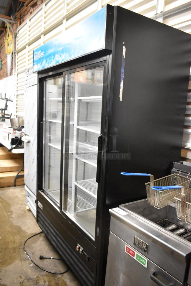 BRAND NEW SCRATCH AND DENT! 2022 Coldline G53S-B Metal Commercial 2 Door Reach In Cooler Merchandiser w/ Poly Coated Racks on Commercial Casters. 115 Volts, 1 Phase. - Image 1 of 9