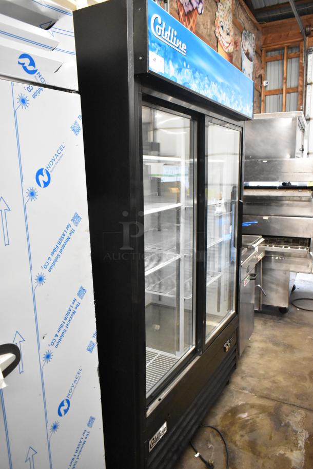 BRAND NEW SCRATCH AND DENT! 2022 Coldline G53S-B Metal Commercial 2 Door Reach In Cooler Merchandiser w/ Poly Coated Racks on Commercial Casters. 115 Volts, 1 Phase. - Image 2 of 9