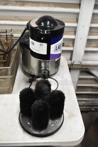 Noble 274LCNBGW Heavy Duty Electric Upright Glass Washer, black bristles, stainless steel base, visible label and power cord.
