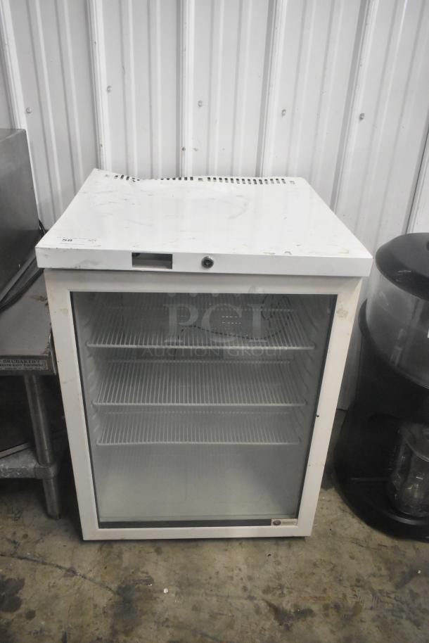 SG Merchandising MDH05-SSGD mini cooler merchandiser, 115 volts, single phase, metal body, with three wire shelves, used condition.