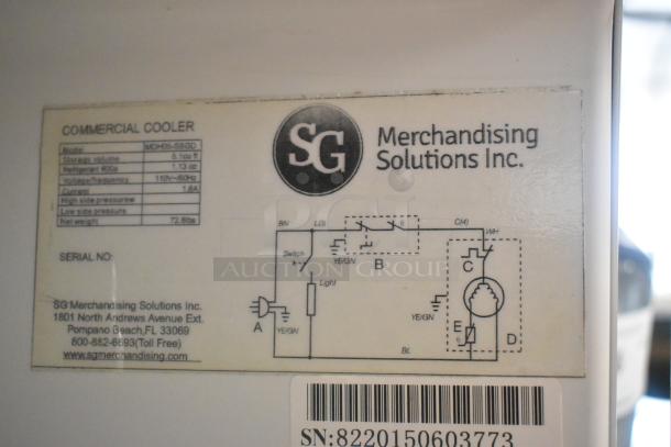 SG Merchandising MDH05-SSGD mini cooler label. Details: 115V, 1 phase, storage 5.1 cu ft, refrigerant 609e, model MDH05-SSGD.
