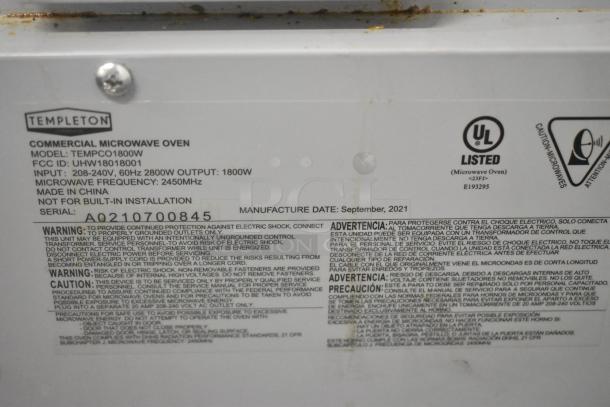 2021 Templeton TEMPCO1800W Stainless Steel Commercial Countertop Microwave Oven. 208-240 Volts, 1 Phase. - Image 7 of 8