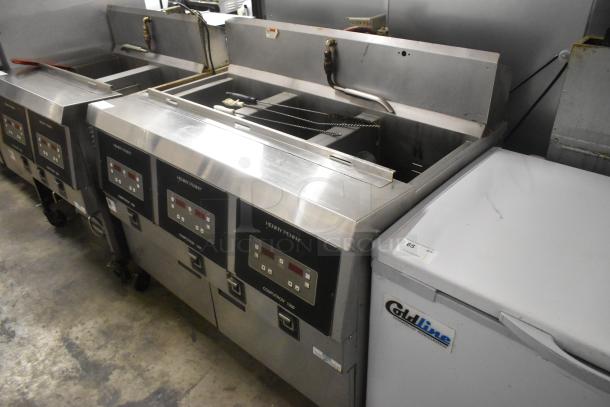 Henny Penny OFG-323 Stainless Steel Commercial Floor Style Natural Gas Powered 3 Bay Deep Fat Fryer w/ Filtration System on Commercial Casters. 255,000 BTU. - Image 3 of 14